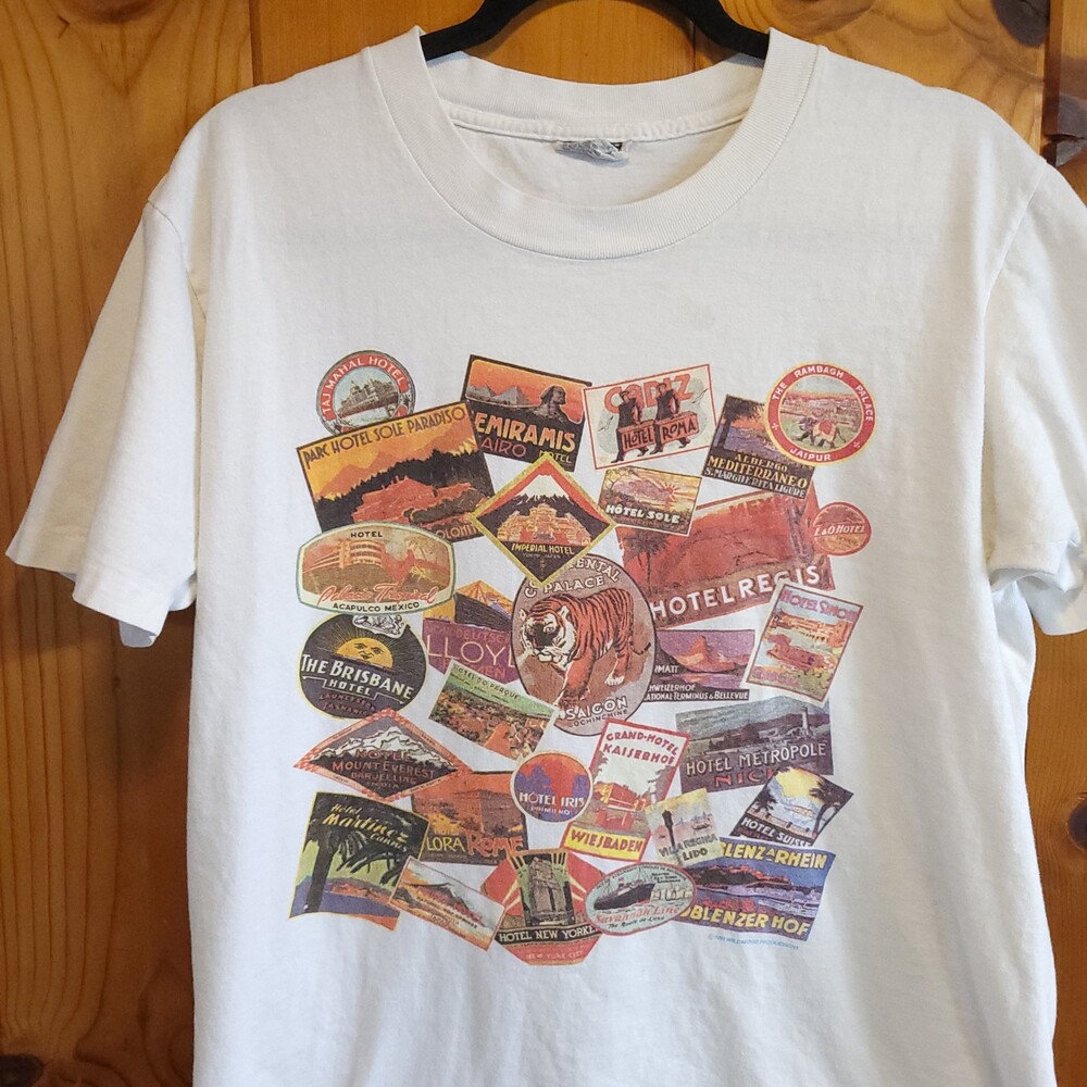 1991 Vintage 90s Travel Label Collage T-Shirt White single stitch postcard vtg